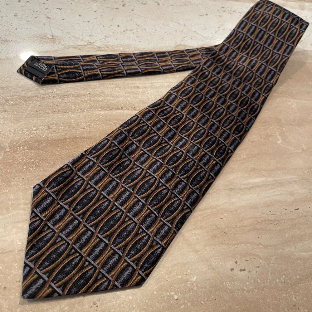 Secours Tie 100%‎ Silk Brown Blue Gray Vintage 4 x 59 Geometric Classic
